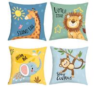 Joymaison Cartoon Animals Cushion Covers 50 x 50 Pack of 4 Baby Elephant Giraffe Lion Monkey Square Throw Pillow Case Nursery Home Decor for Kids Toddlers Teens Sofa Cushion with Invisible Zipper