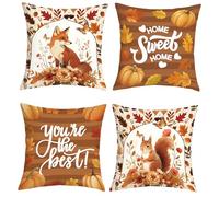 Joymaison Fall Animals Cushion Covers 45 x 45 Pack of 4 Fox Squirrel Pumpkin Autumn Leaves Flowers Square Throw Pillow Case Decorative Sofa Cushion with Invisible Zipper
