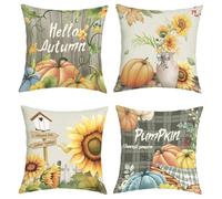 Joymaison Fall Farmhouse Pumpkin Sunflowers Cushion Covers 45 x 45 Pack of 4 Hello Autumn Thanksgiving Harvest Plaid Wood Grain Square Throw Pillow Case Decorative Sofa Cushion with Invisible Zipper