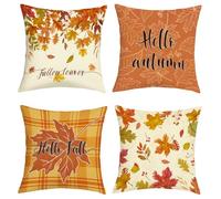 Joymaison Fall Maple Leaves Cushion Covers 45 x 45 Pack of 4 Hello Fall Autumn Leaf Orange Plaid Square Throw Pillow Case Decorative Sofa Cushion with Invisible Zipper