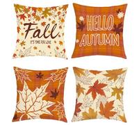 Joymaison Fall Maple Leaves Cushion Covers 45 x 45 Pack of 4 Yellow Orange Plaid Hello Autumn Leaf Square Throw Pillow Case Decorative Sofa Cushion with Invisible Zipper