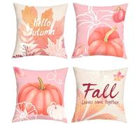 Joymaison Fall Pink Pumpkin Watercolor Cushion Covers 45 x 45 Pack of 4 Hello Autumn Maple Leaves Floral Square Throw Pillow Case Decorative Sofa Cushion with Invisible Zipper