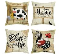 Joymaison Farmhouse Animals Cow Cushion Covers 45 x 45 Pack of 4 Rooster Country Dairy Cattle Cow Square Throw Pillow Case Decorative Sofa Cushion with Invisible Zipper