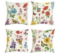 Joymaison Garden Flowers Butterfly Spring Summer Cushion Covers 45 x 45 Pack of 4 Farmhouse Iris Poppy Floral Dragonfly Square Throw Pillow Case Decorative Sofa Cushion with Invisible Zipper