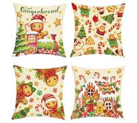 Joymaison Gingerbread Christmas Cushion Covers 45 x 45 Pack of 4 Gingerbread Man Train Reindeer Xmas Tree Cane Candy Throw Pillow Case Decorative Sofa Cushion with Invisible Zipper