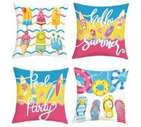 Joymaison Hello Summer Popsicles Pool Party Cushion Covers 45 x 45 Pack of 4 Swim Ring Surfboard Flip Flops Square Throw Pillow Case Decorative Sofa Cushion with Invisible Zipper