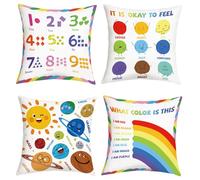 Joymaison Kids Reading Nook Educational Cushion Covers 40 x 40 Pack of 4 Calming Corner Positive Affirmations Rainbow Planet Square Throw Pillow Case Decorative Sofa Cushion with Invisible Zipper