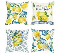 Joymaison Mediterranean Lemon Spring Summer Cushion Covers 45 x 45 Pack of 4 Yellow Flower Italy Blue Tiles Lemons Square Throw Pillow Case Decorative Sofa Cushion with Invisible Zipper