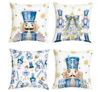 Joymaison Merry Christmas Blue Nutcracker Cushion Covers 45 x 45 Pack of 4 Nutcracker Soldier Snowflakes Xmas Tree Throw Pillow Case Decorative Sofa Cushion with Invisible Zipper