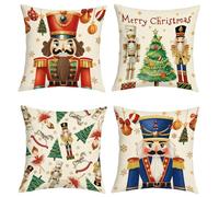 Joymaison Merry Christmas Nutcracker Cushion Covers 45 x 45 Pack of 4 Xmas Tree Nutcracker Soldier Snowflakes Throw Pillow Case Decorative Sofa Cushion with Invisible Zipper