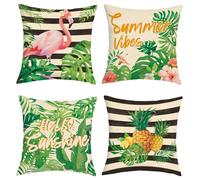 Joymaison Pink Flamingo Black Striped Cushion Covers 45 x 45 Pack of 4 Tropical Leaves Pineapple Floral Summer Square Throw Pillow Case Decorative Sofa Cushion with Invisible Zipper