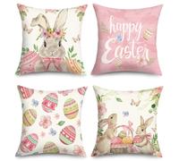 Joymaison Pink Happy Easter Bunny Rabbit Cushion Covers 45 x 45 Pack of 4 Spring Easter Eggs Watercolor Flower Square Throw Pillow Case Decorative Sofa Cushion for Holiday with Invisible Zipper