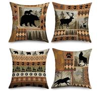 Joymaison Rustic Wild Animals Bear Deer Wolf Cushion Covers 45 x 45 Pack of 4 Cabin Country Farmhouse Brown Square Throw Pillow Case Decorative Sofa Cushion with Invisible Zipper