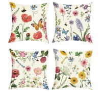 Joymaison Spring Summer Red Flowers Cushion Covers 45 x 45 Pack of 4 Colorful Garden Floral Butterfly Square Throw Pillow Case Decorative Sofa Cushion with Invisible Zipper