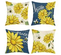 Joymaison Spring Summer Sunflower Bees Cushion Covers 45 x 45 Pack of 4 Sweet Home Rustic Daisy Yellow Floral Square Throw Pillow Case Decorative Sofa Cushion with Invisible Zipper