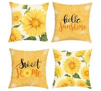 Joymaison Spring Summer Sunflower Cushion Covers 45 x 45 Pack of 4 Sweet Home Yellow Floral Hello Sunshine Square Throw Pillow Case Decorative Sofa Cushion with Invisible Zipper