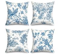 Joymaison Spring Vintage French Country Floral Bird Cushion Covers 45 x 45 Pack of 4 Rustic Blue Chinoiserie Flowers Square Throw Pillow Case Decorative Sofa Cushion with Invisible Zipper