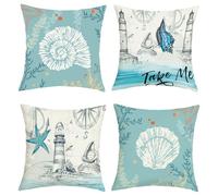 Joymaison Summer Blue Nautical Cushion Covers 45 x 45 Pack of 4 Ocean Lighthouse Starfish Seashell Square Throw Pillow Case Decorative Sofa Cushion with Invisible Zipper