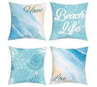 Joymaison Summer Blue Ocean Beach Cushion Covers 45 x 45 Pack of 4 Coastal Sea Shell Love Home Beach Life Square Throw Pillow Case Decorative Sofa Cushion with Invisible Zipper