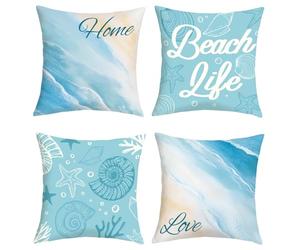 Joymaison Summer Blue Ocean Beach Cushion Covers 45 x 45 Pack of 4 Coastal Sea Shell Love Home Beach Life Square Throw Pillow Case Decorative Sofa Cushion with Invisible Zipper