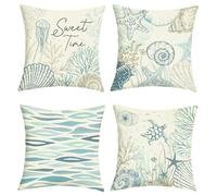 Joymaison Summer Nautical Sea Turtle Cushion Covers 45 x 45 Pack of 4 Ocean Seashell Coral Starfish Square Throw Pillow Case Decorative Sofa Cushion with Invisible Zipper