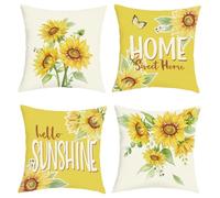 Joymaison Sunflower Home Sweet Home Spring Summer Cushion Covers 45 x 45 Pack of 4 Yellow Flowers Hello Sunshine Square Throw Pillow Case Decorative Sofa Cushion with Invisible Zipper
