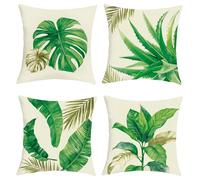 Joymaison Tropical Jungle Leaf Cushion Covers 45 x 45 Pack of 4 Green Gold Banana and Palm Leaf Aloe Summer Square Throw Pillow Case Decorative Sofa Cushion with Invisible Zipper