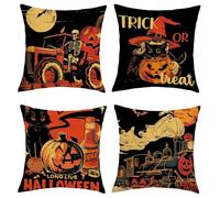 Joymaison Vintage Halloween Trick or Treat Cushion Covers 45 x 45 Pack of 4 Spooky Ghost Skeletons Pumpkin Black Cats Square Throw Pillow Case Decorative Sofa Cushion with Invisible Zipper