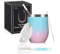 Joymaking 12oz Insulated Stainless Steel Wine Tumbler with Lid and Straw, Double Walled Wine Glass Tumbler Gift for Women, Great for Hot & Cold Drinks Wine Champagne Coffee Ice Cream, Light Blue Pink