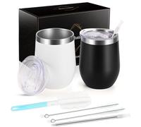 Joymaking 12oz Reusable Coffee Cup, 2 Pack Double Walled -Insulated Travel Mug Vacuum Stainless Steel Wine Tumbler with Spill Proof Lid, Great for Coffee, Tea, Milk and Wine, Black White