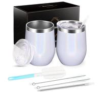 Joymaking 12oz Reusable Coffee Cup, 2 Pack Double Walled -Insulated Travel Mug Vacuum Stainless Steel Wine Tumbler with Spill Proof Lid, Great for Coffee, Tea, Milk and Wine, White Rainbow