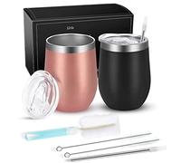 Joymaking 12oz Reusable Coffee Cup, 2 Pack Double Walled -Insulated Travel Mug Vacuum Stainless Steel Wine Tumbler with Spill Proof Lid, Great for Coffee, Tea, Milk and Wine, Black Rose Gold