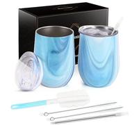 Joymaking 12oz Reusable Coffee Cup, 2 Pack Double Walled -Insulated Travel Mug Vacuum Stainless Steel Wine Tumbler with Spill Proof Lid, Great for Coffee, Tea, Milk and Wine, Blue Marble