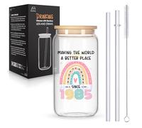 Joymaking 40th Birthday Glasses with Bamboo Lids and Glass Straws, 160z Iced Coffee Tea Glass, 473ml Reusable Drinking Cup
