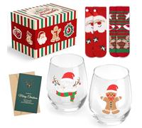 Joymaking Christmas Wine Glass Set of 2 With Socks - Funny Drinking Glasses for Mulled Wine, 17oz