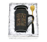 Joymaking Marble Textured Ceramic Coffee Mug, 14 Oz, Includes Gold Color Spoon and Lid, Gift Box, Elegant, Inspirational, Holiday, 3.54 x 5.12 inches, Hand Wash Only