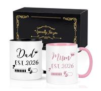 Joymaking New Parents Gifts Mug Set Dad and Mum Loading 2026 Gifts for New Parents with Decision Coin, Frist Time Mummy Daddy Gift for Mothers Day Birthday, 11 Oz Black and Pink