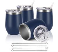 Joymaking Reusable Coffee Cup, Double Walled -Insulated Travel Mug Vacuum Stainless Steel Wine Tumbler with Spill Proof Lid, Great for Hot Cold Drinks Coffee Wine, 4 Piece Set 12 Oz Dark Blue