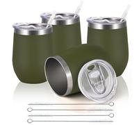 Joymaking Reusable Coffee Cup, Double Walled -Insulated Travel Mug Vacuum Stainless Steel Wine Tumbler with Spill Proof Lid, Great for Hot Cold Drinks Coffee Wine, 4 Piece Set 12 Oz Army Green