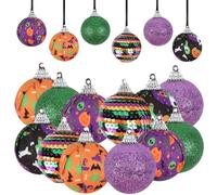 JOYMEMO 12Pcs Orange Purple Green Black Halloween Ball Ornaments for Tree, Shatterproof Halloween Hanging Balls with Pumpkin Ghost Spider Web Printed, Glitter Sequin Party Decorations Supplies