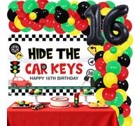 JOYMEMO 16th Birthday New Driver Decorations for Boys - Red Green Yellow Black Balloon Garland Arch Kit with Hide The Car Keys Backdrop, Number 16 Foil Balloons for Traffic Car Road Theme Party