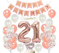 JOYMEMO 21st Birthday Decorations Rose Gold, 21 Birthday Party Supplies for Her, Finally 21 Sash, Cake Topper, Happy Birthday Banner and Balloons Set