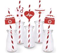 JOYMEMO 24 Pieces Nurse Party Favor Straws - Nurse Graduation Party Decorations Red, Medical RN Themed Foil Stamping Stripe Paper Straw for BSN LPN School Grad Nurses' Day Party