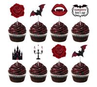 JOYMEMO 24pcs Red Black Vampires Don‘t Age Birthday Cupcake Toppers