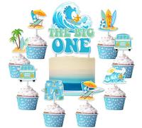 JOYMEMO 25 Pieces Surf 1st Cake Decorations for Boy Girl - Blue and Green The Big One Surf Birthday Cake Topper with Surf themed Cupcake Toppers, Beach Hawaii Surfing First Birthday Party Supplies