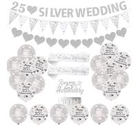 JOYMEMO 25th Wedding Anniversary Decorations Silver Balloons Banner Heart Rings Cake Topper Satin Sash for 25th Anniversary Party Supplies