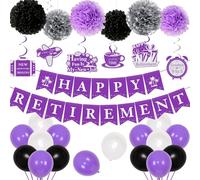 JOYMEMO 29Pcs Retirement Party Decorations Purple for Women, Happy Retirement Banner Sash Hanging Swirls Paper Pom Poms and Balloons, Party Decorations Supplies