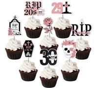 JOYMEMO 32 Pcs Rip to My 20s Cupcake Toppers - Rose Gold and Black 30th Birthday Decorations for Her Women, Double Sided Paper Death to My Twenties Cake Decorations, Funeral Themed Thirty Bday Party