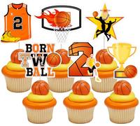 JOYMEMO 36 Pieces Born Two Ball Basketball Birthday Cupcake Toppers - Basketball Themed 2nd Birthday Party Decorations Boys, Double Sided Born 2 Ball Cake Decor for Sport Theme Bday Party Supplies