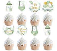 JOYMEMO 36Pcs Greenery Twins Baby Shower Cupcake Toppers Decorations, Sage Green Double-Sided Cake Picks, Gender Reveal Welcome Twins Pregnancy Announcement Party Supplies